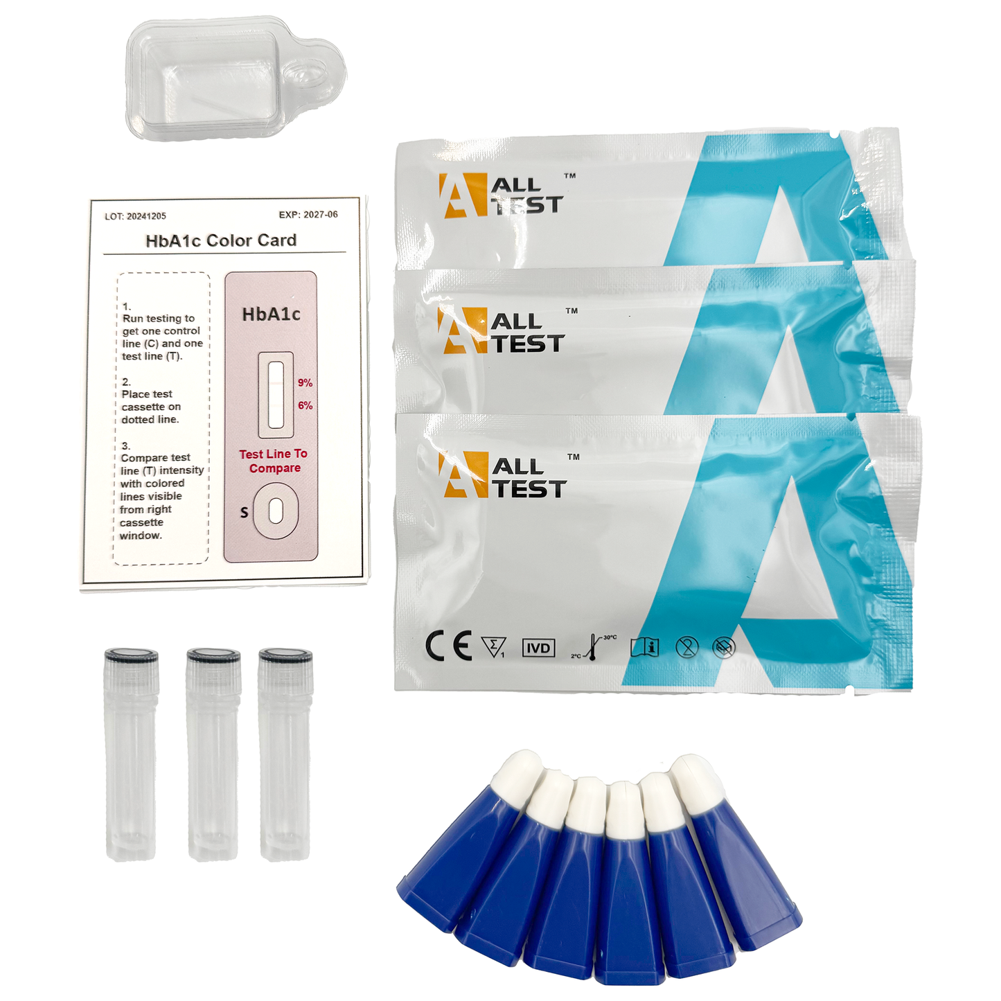 All Test HbA1c test kit with components on a white background