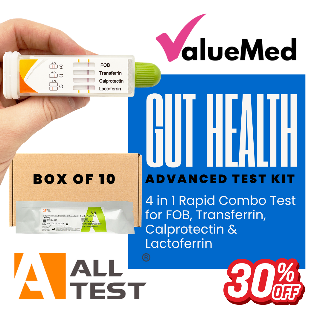 Box of 10 gut health bowel swab tests for clinic, NHS, nurse, doctor UK