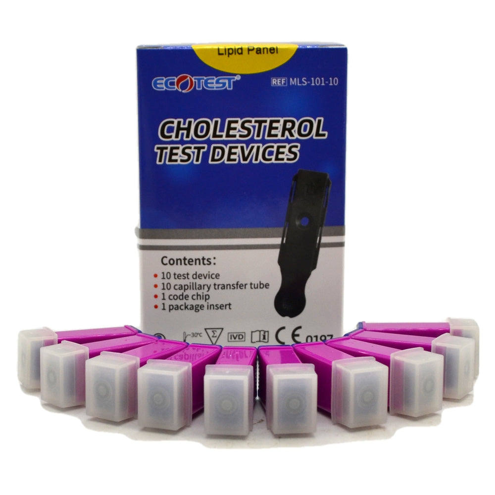 10 EcoTest Cholesterol Test Devices + 10 Safety Lancets