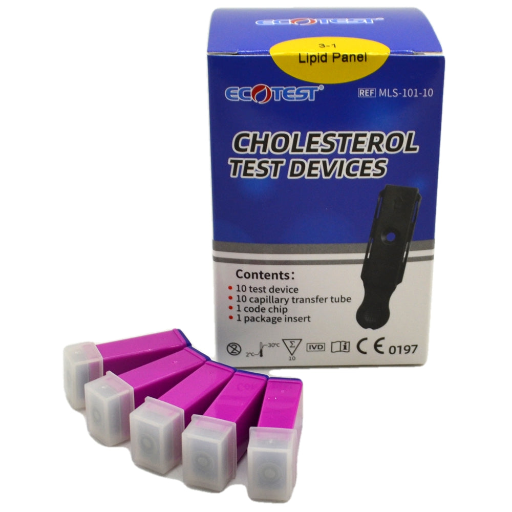 10 EcoTest Cholesterol Test Devices + 10 Safety Lancets