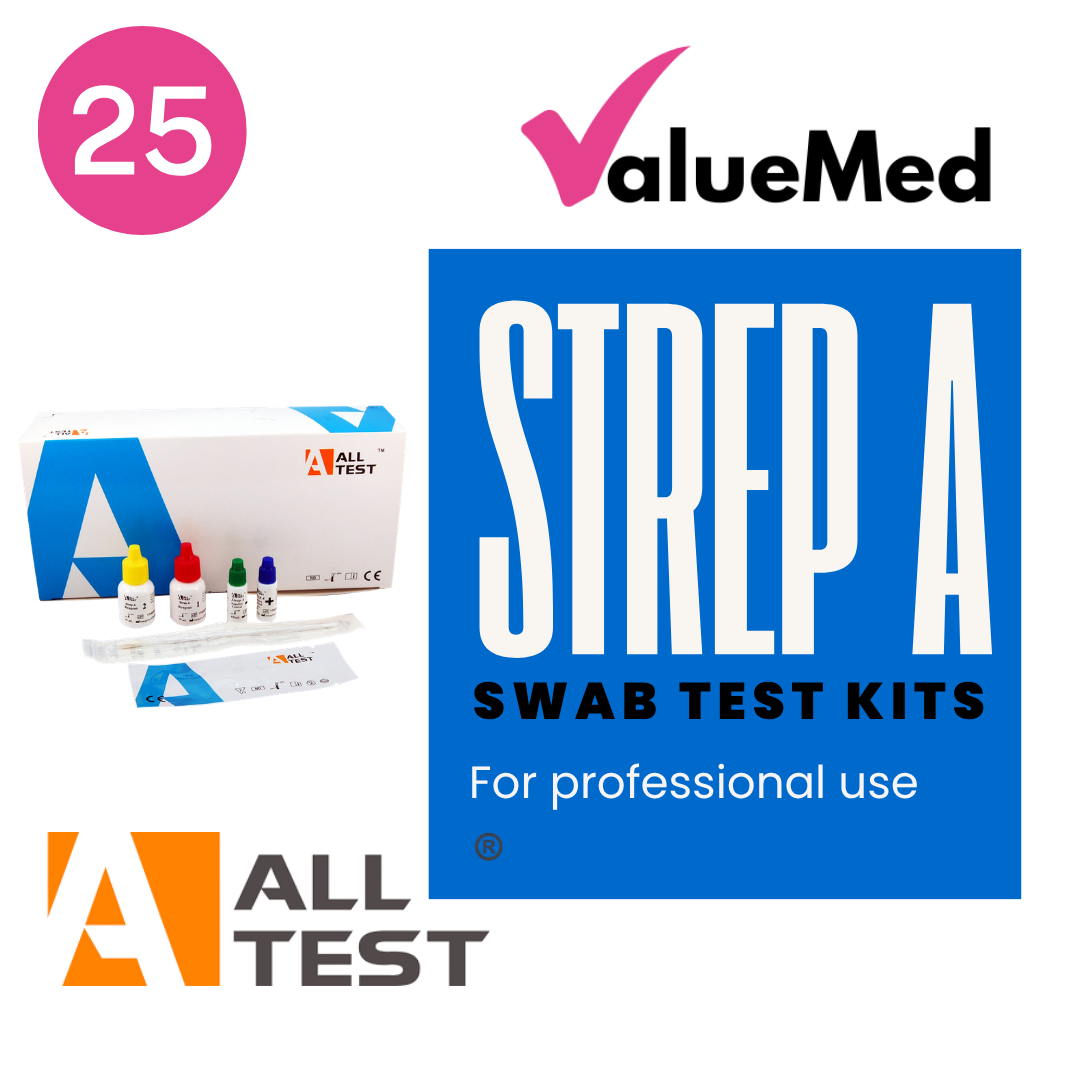 box of 25 medical professional test kits for strep A antigen throat swabs