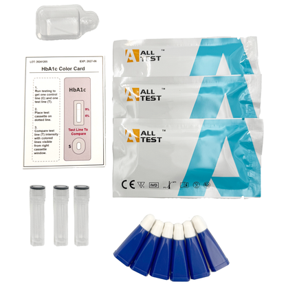 All Test HbA1c test kit with components on a white background