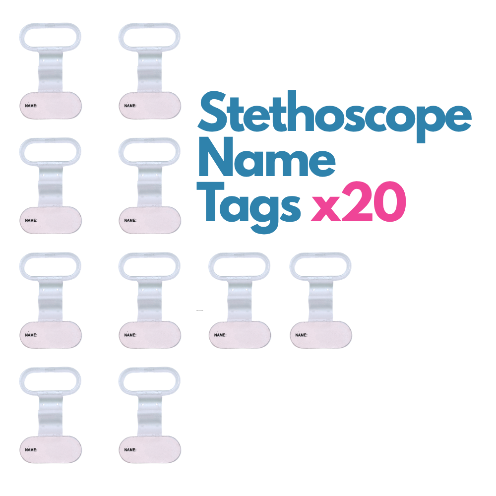 Stethoscope name tags with 'Stethoscope Name Tags x20' text on a white background