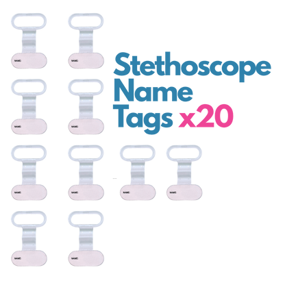Stethoscope name tags with 'Stethoscope Name Tags x20' text on a white background