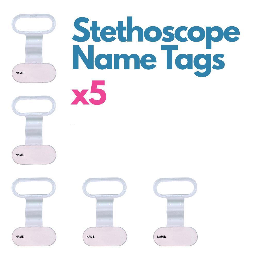 Five stethoscope name tags on a white background with text indicating quantity.