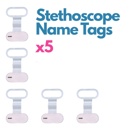 Five stethoscope name tags on a white background with text indicating quantity.