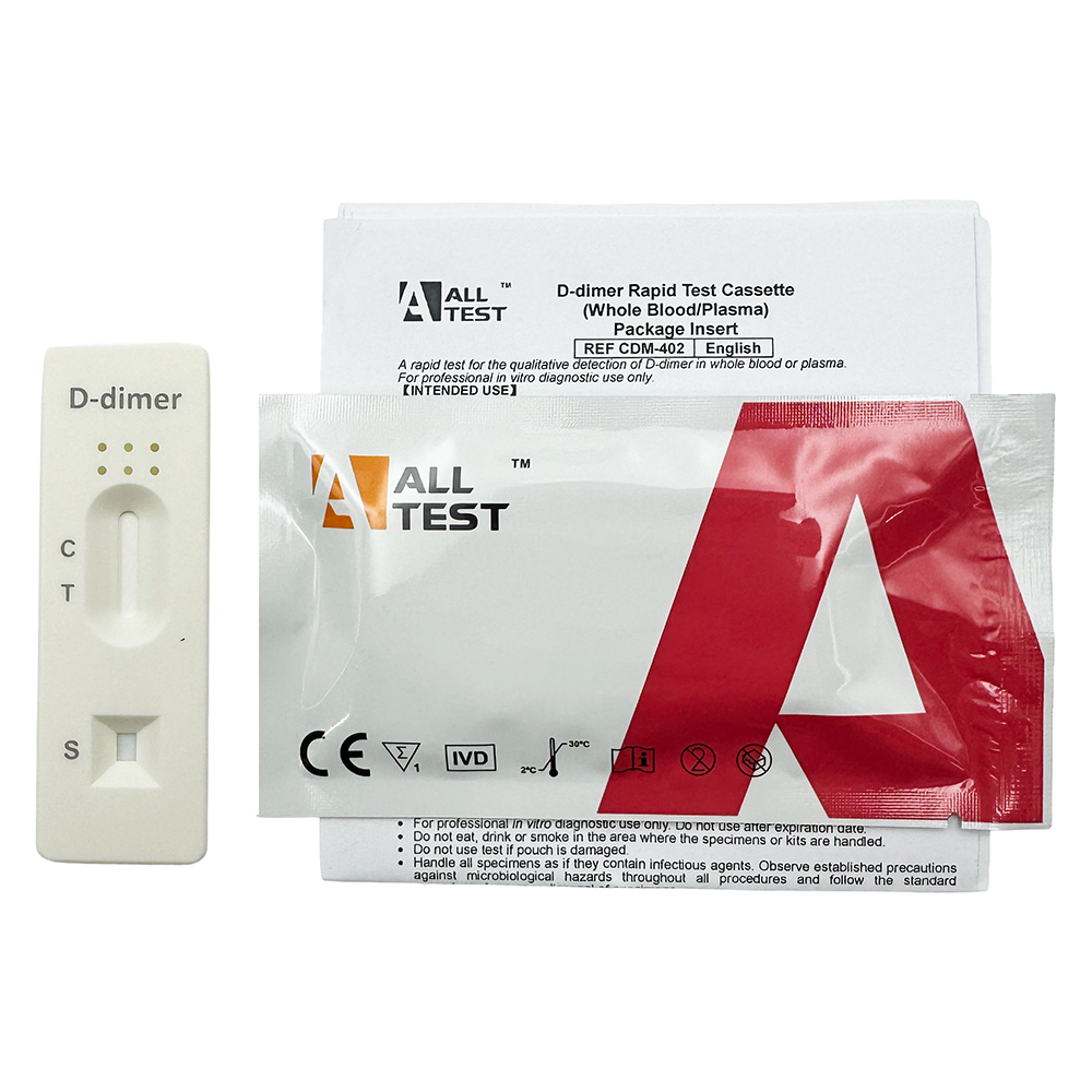 All Test D-dimer rapid test cassette packaging on a white background