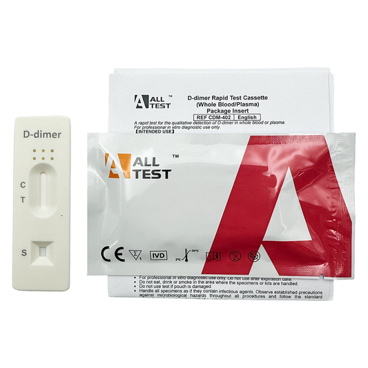 All Test D-dimer rapid test cassette packaging on a white background