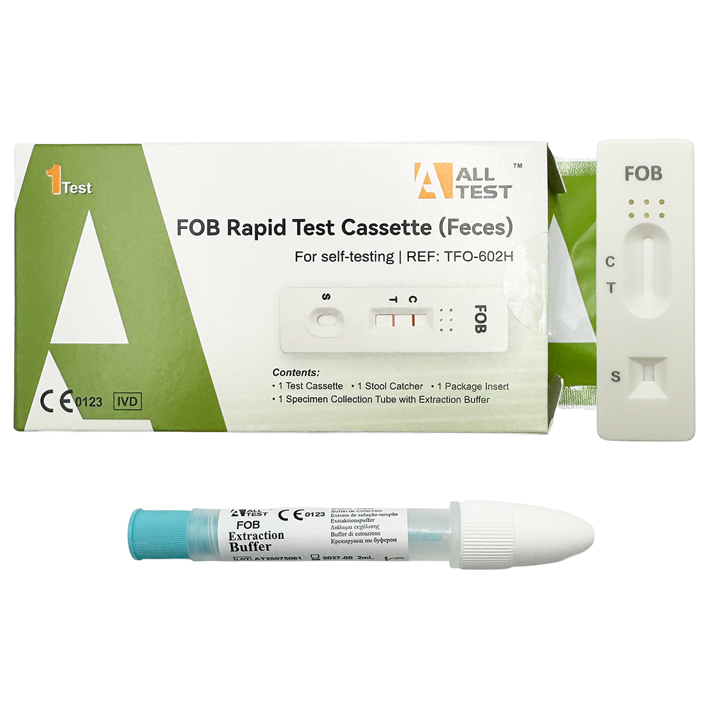 FOB Rapid Test Cassette with extraction buffer on a white background