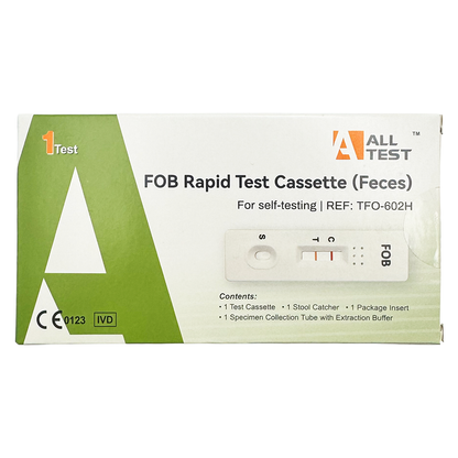 Box of All Test FOB Rapid Test Cassette for self-testing on a white background