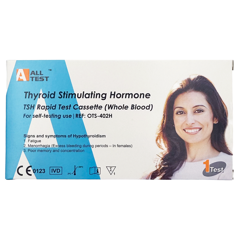 Box of Thyroid Stimulating Hormone TSH rapid test cassette with a woman's face on a white background
