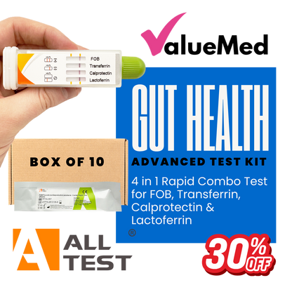 Box of 10 gut health bowel swab tests for clinic, NHS, nurse, doctor UK