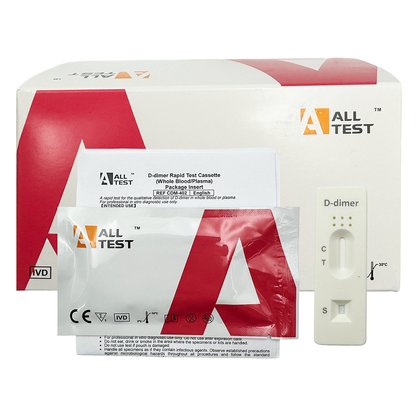 All Test D-dimer rapid test cassette with packaging on a white background