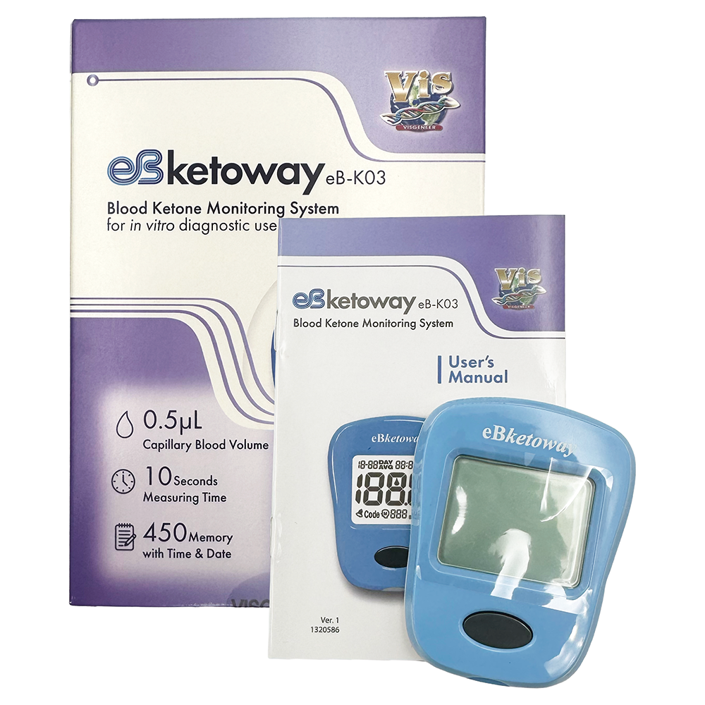 eBketoway blood ketone monitoring system with packaging and user manual on a white background
