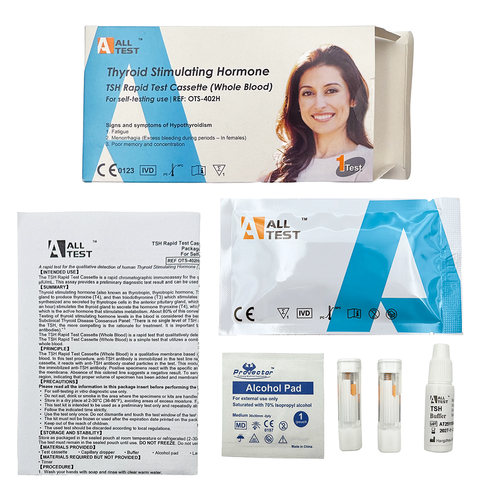 Collection of All Test thyroid testing products including a box, test cassette, alcohol pad, and buffers on a white background.