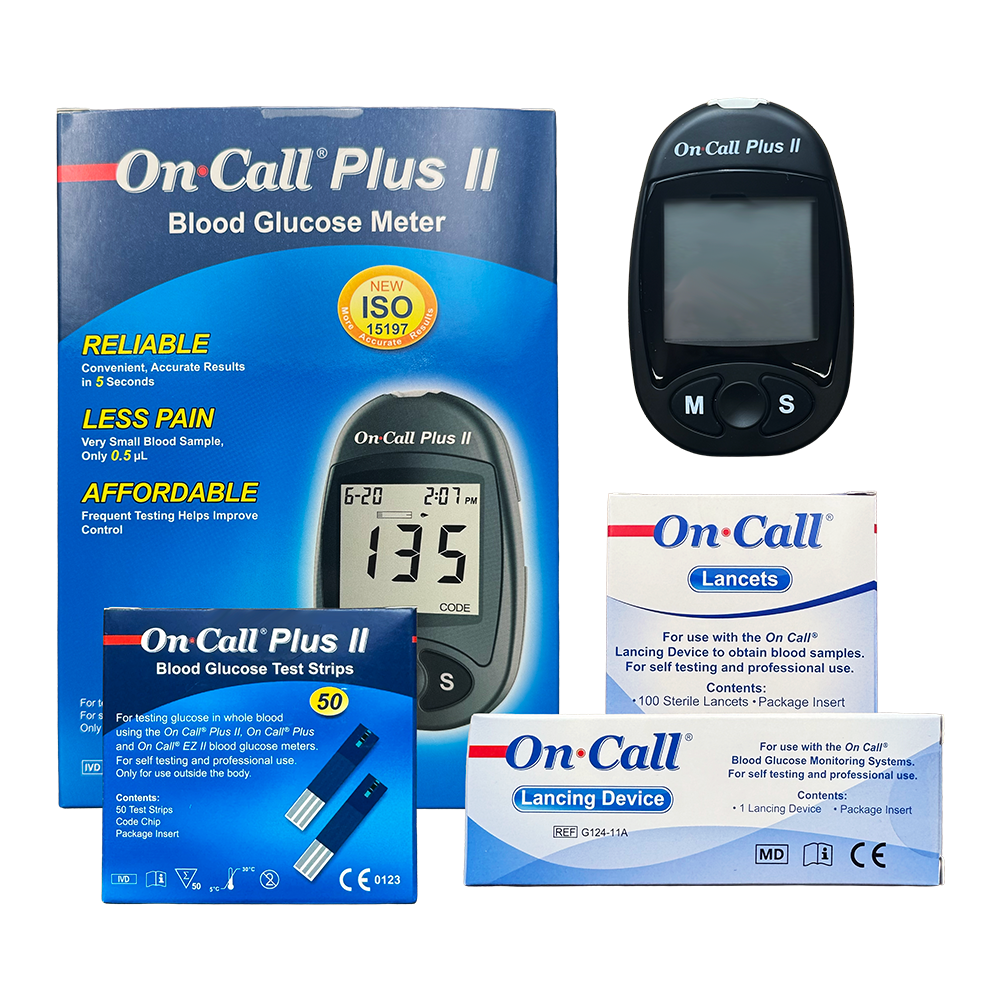 On-Call Plus II blood glucose meter with packaging and accessories on a white background