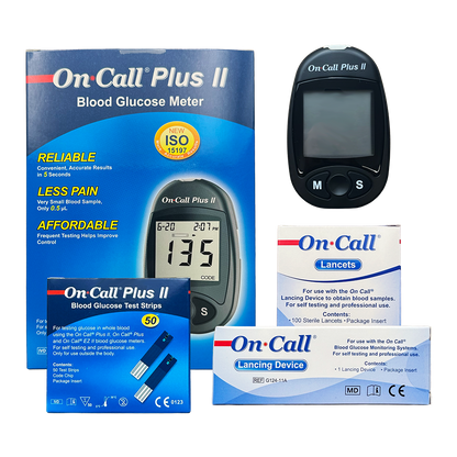 On-Call Plus II blood glucose meter with packaging and accessories on a white background