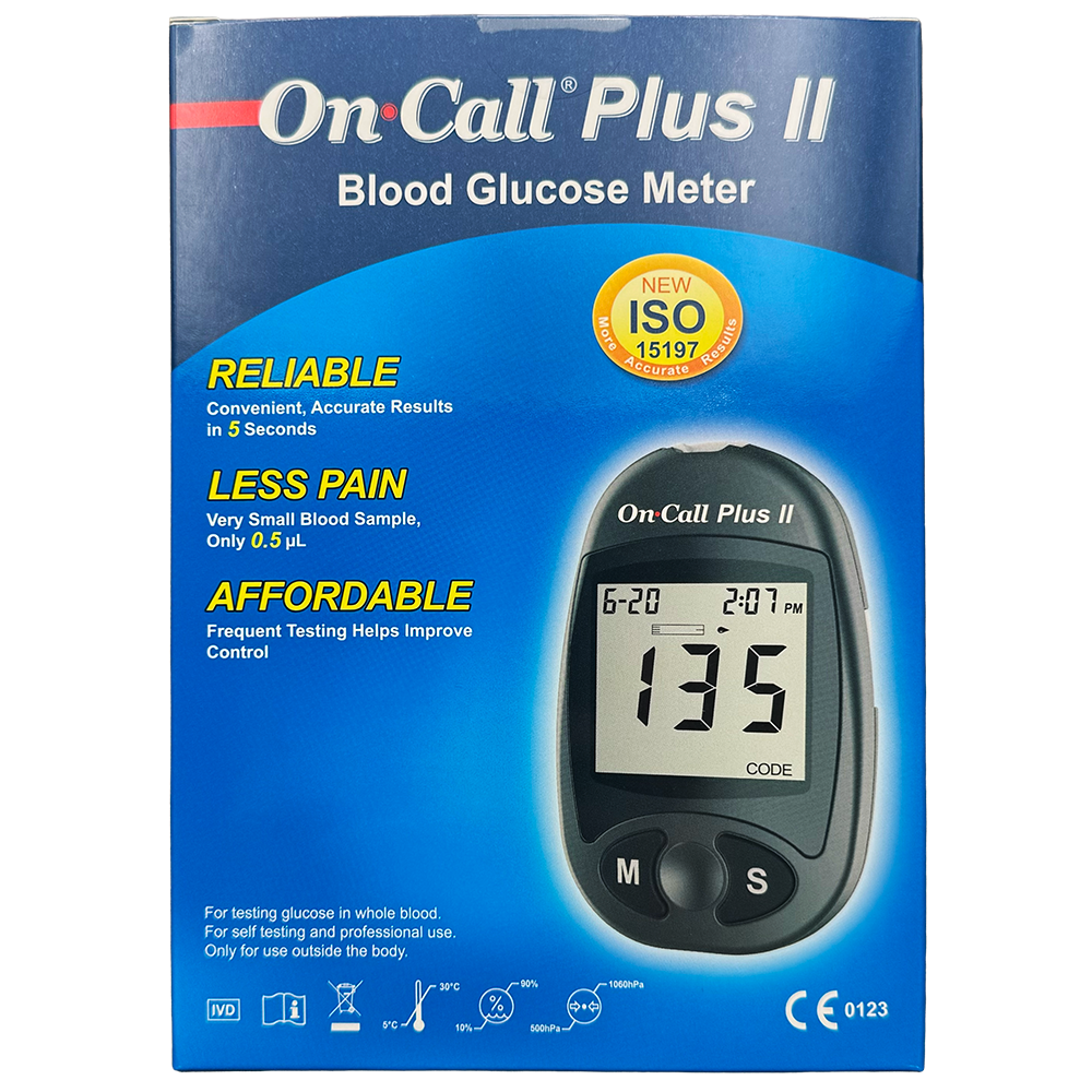 On-Call Plus II blood glucose meter packaging with digital display on a blue background