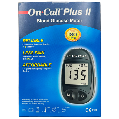 On-Call Plus II blood glucose meter packaging with digital display on a blue background