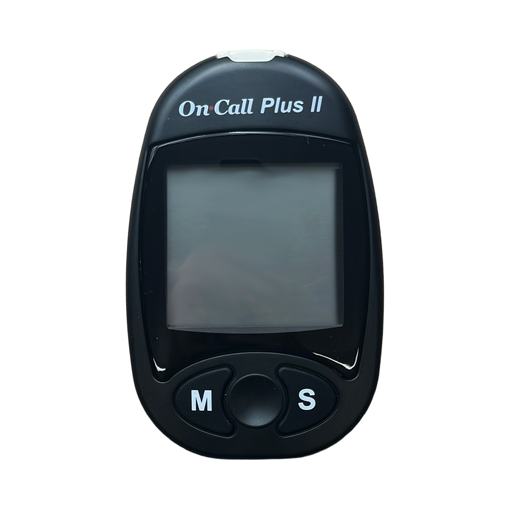Black 'On Call Plus II' device with screen and buttons on a white background