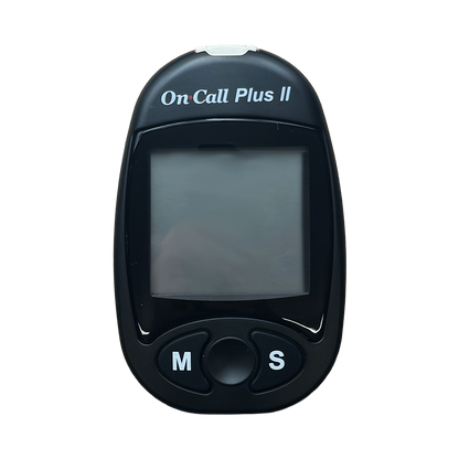 Black 'On Call Plus II' device with screen and buttons on a white background