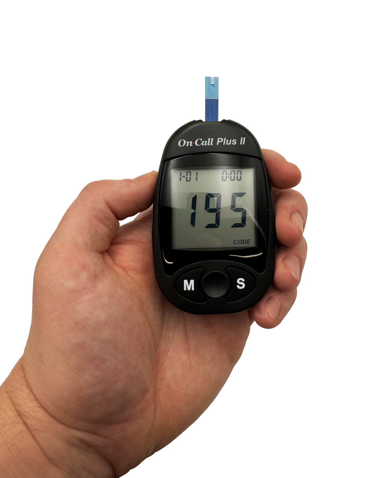 Hand holding a glucose meter with a clear background
