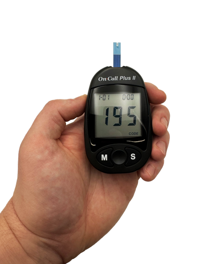 Hand holding a glucose meter with a clear background