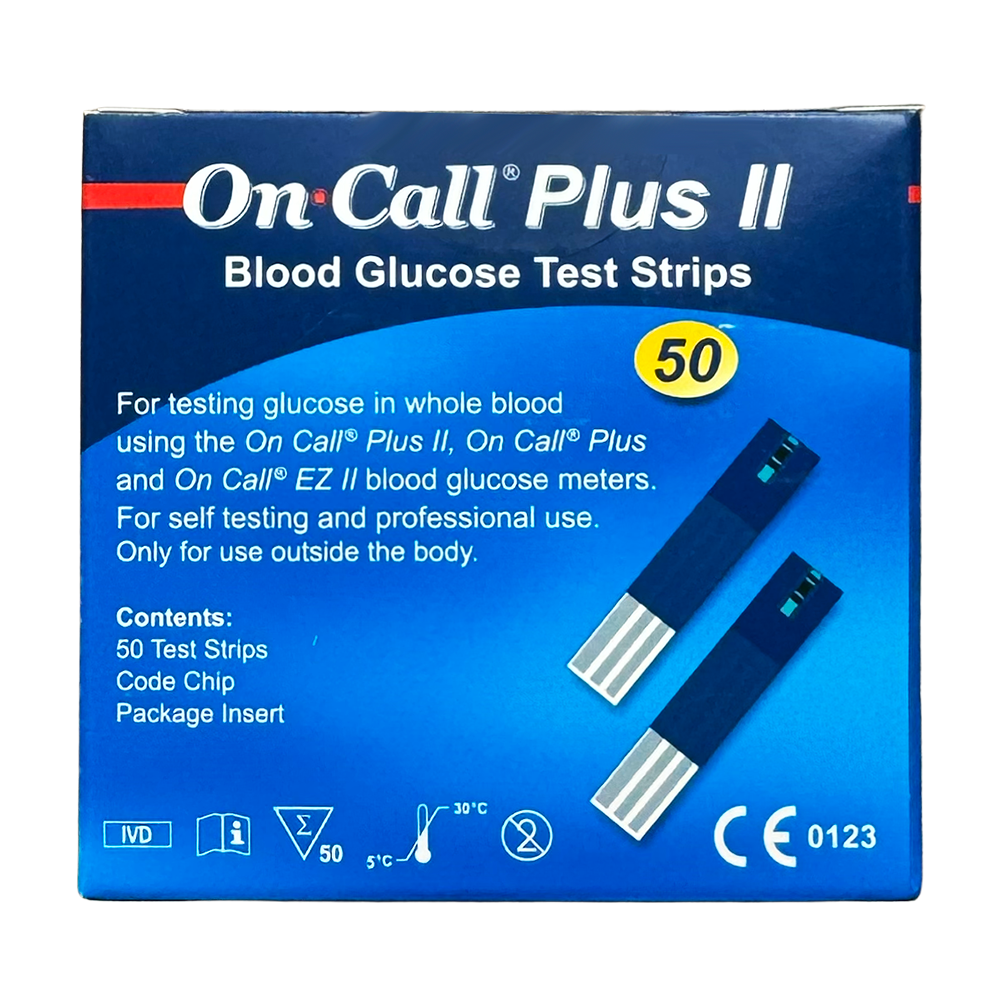 Box of On-Call Plus II Blood Glucose Test Strips with 50 strips on a white background