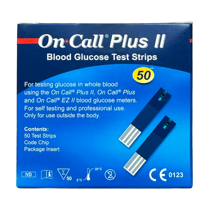 Box of On-Call Plus II Blood Glucose Test Strips with 50 strips on a white background