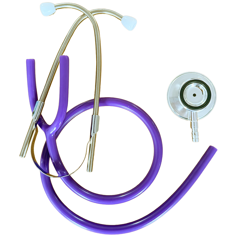 Purple stethoscope with a white background