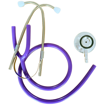 Purple stethoscope with a white background