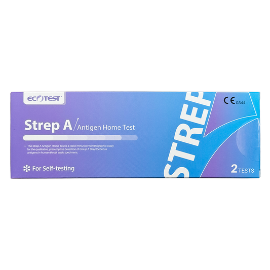 A box of EcoTest Strep A / Antigen Home Test containing 2 tests for testing sore throats for strep A infection